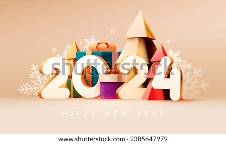 Happy New year poster 2024. White numbers with gift boxes and Christmas tree. Bright greeting card design. The image was created without the use of any form of AI.