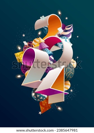 New year 2024. Bright 3D numbers with colorful Christmas decoration. Greeting card design. The image was created without the use of any form of AI.