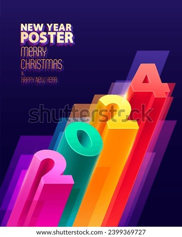 Happy New Year 2024. Holiday colorful lettering design. 3D color numbers on blue background. Greeting card design. The image was created without the use of any form of AI.