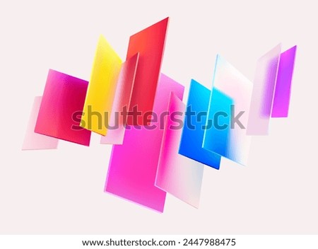 3D colorful squares and rectangles on white background. Art geometric shapes in glass morphism style. Abstract vector design elements.