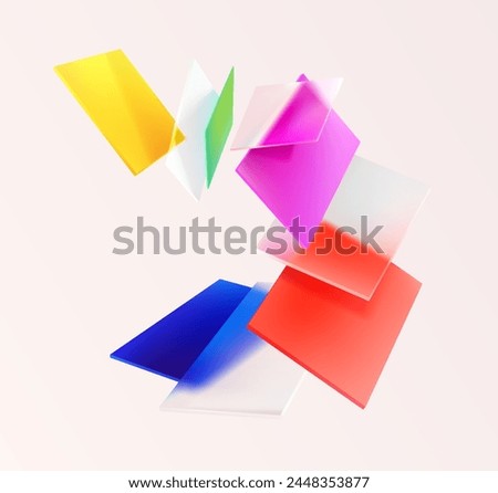 3D colorful squares and rectangles on white background. Art geometric shapes in glass morphism style. Abstract vector design elements.