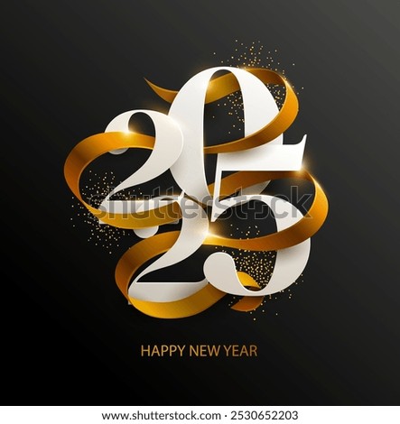 New Years 2025. Greeting card with date and golden ribbon on black background. Festive lettering design. The image was created without the use of any form of AI.