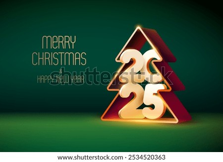 Happy New year 2025. 3D Christmas trees with white numbers. Festive greeting card design. 