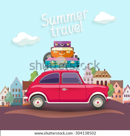 Travel by car. Flat design with text 