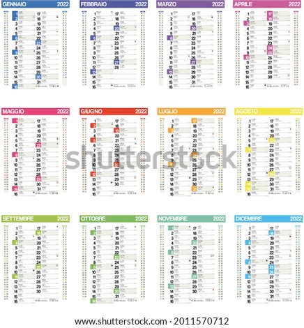 2022 italian calendar (12 months) with italian holidays, zodiac , saints, moon phases, astronomical events, sunset and sunrise	