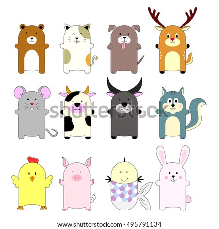 Set Of Cute Animals Cartoon Vector Illustration - 495791134 : Shutterstock