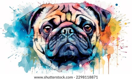 Pug puppy vector illustration in watercolor painting splash.
