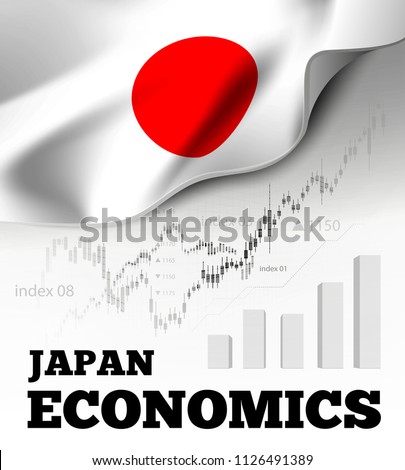 Japan economics vector illustration with japanese flag and business chart, bar chart stock numbers bull market, uptrend line graph symbolizes the welfare growth