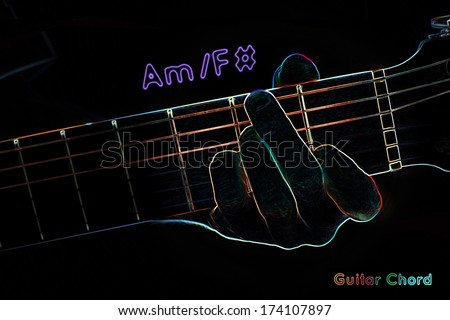 Guitar chord on a dark background, stylized illustration of an X-ray. Am/F# chord
