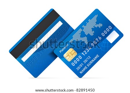 Realistic vector credit card isolated on white background. Rotating 45 degree