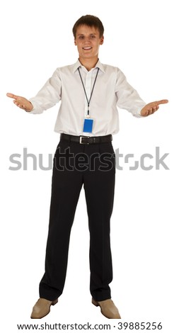 people manager to his full height on a white background