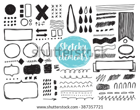 Set of hand drawn sketchy elements, brush strokes. Lines, drops, frames, borders, shapes. Isolated vector elements for your design. Black on white. Grunge. Sketch elements. Hipster style