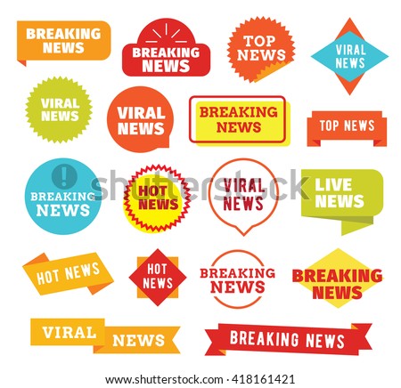 Breaking news, hot news, live news, viral news. Labels set. Isolated vector typographic design.