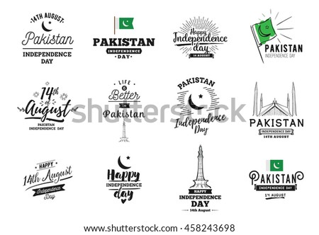 Pakistan Independence day, 14th august. Vector typographic emblems, logo or badges. Usable for greeting cards, print, t-shirts, posters and banners.
