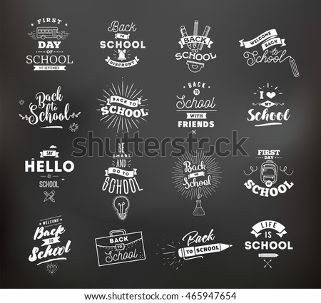 Back to school typographic labels set. Isolated vector elements. First day of school emblems. ?alligraphy, lettering design. Usable for greeting cards, posters, banners