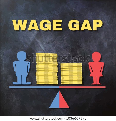 Wage gap concept illustration - male and female figures standing on a scale with piles of coins