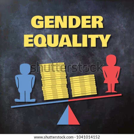 Gender inequality concept illustration - male and female figures standing on a tilted scale with piles of coins