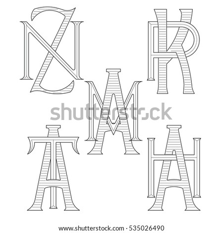 Set of elegant monograms with two letters. ZN KR AM AT AH. Monogram logo identity for author, photographer, restaurant, hotel, heraldic, jewelry. Stock fotó © 