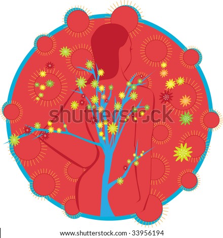 Female figure outlined with organic floral and circular patterns.