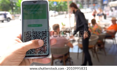 Europe, Italy ,  Milan, July 2021  Green Pass European Eu Digital Covid-19 passport Certificate to travel - tourists in downtown of the city  Stock foto © 