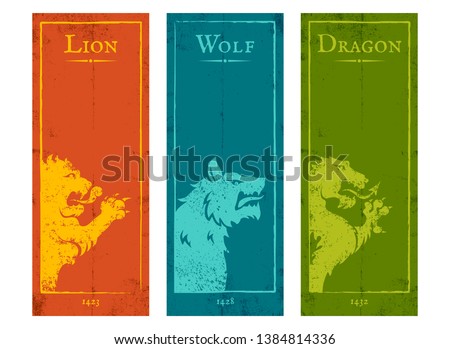 Vector set vintage posters with lion, wolf and dragon. Vintage banners with animals for game background.