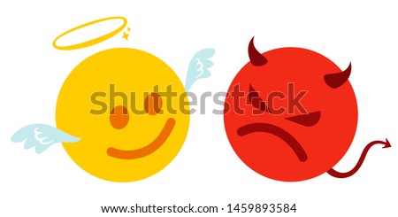 Vector set two smiles. Funny and angry emoji in kawaii style. Vector set of two angel and devil smiles. 