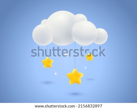 Vector illustration of cloud with stars in 3D style. Vector weather icon with cloud and stars in realistic style. Toy for baby.
