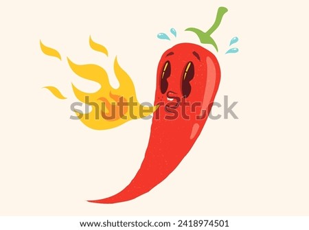 Vector illustration of a spicy chili pepper with flame in retro style. Cartoon red chili pepper for Mexican or Thai food. Hot chilli in vintage style.