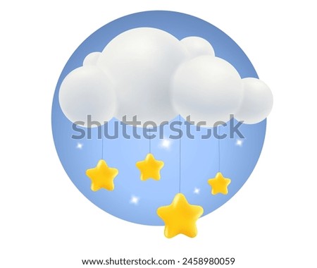 Vector illustration of cloud with stars in 3D style. Vector weather icon with cloud and stars in realistic style. Toy for baby.