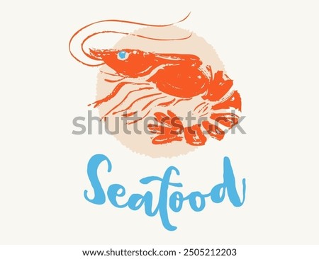 Vintage logo of red shrimp is on plate in block print style. Retro illustration of prawn for seafood shop.