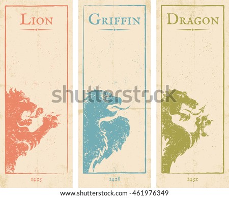 Vector set vintage posters with lion, griffin and dragon