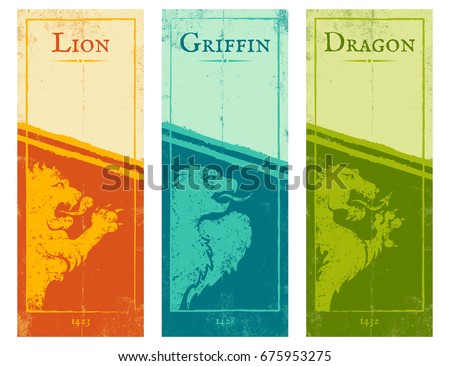 Vector set vintage posters with lion, griffin and dragon. Vintage colorful banners for games.