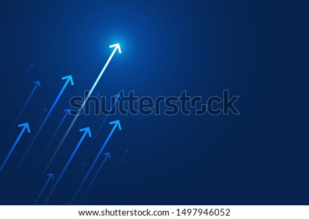 Arrow up on blue background, copy space composition, business growth concept.