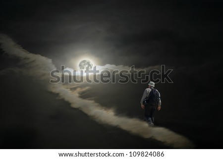 Lonely tourist (sleep-walker) having a hike to the Moon on the clouds in night sky.
