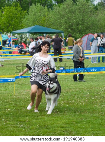 DNEPROPETROVSK, UKRAINE - MAY 10: Woman and dog, beautiful pair on a dog show \