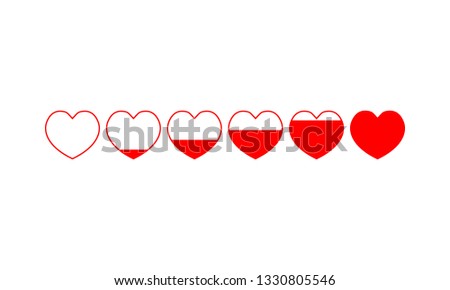 six red hearts increasing filling, from empty to full