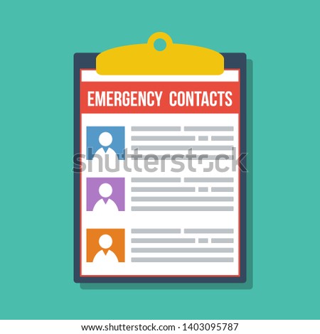 emergency contacts list in clipboard, vector flat illustration