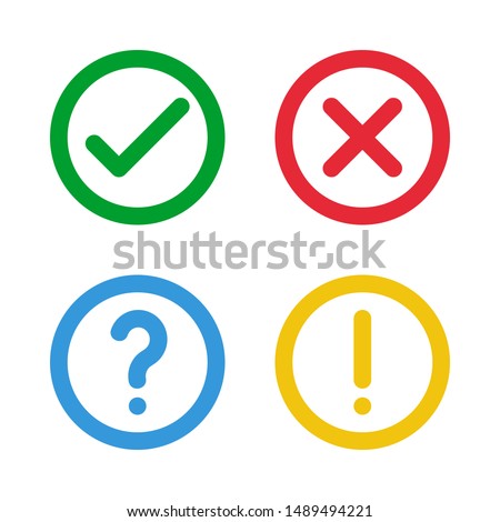 green check, red cross, blue question mark, yellow exclamation point, round thin line vector signs
