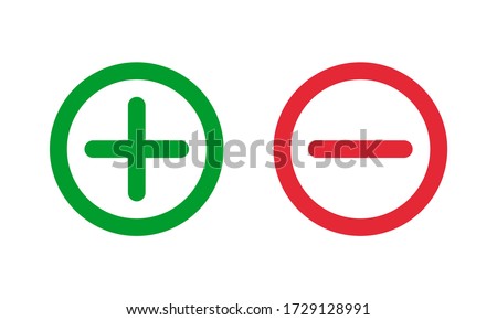 green plus and red minus symbols, round thin line vector signs