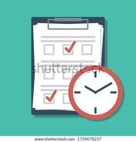 clipboard with exam or quiz paper sheet and clock icon, flat vector