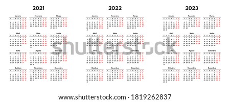 simple 2021 2022 2023 portuguese calendar grid, starts monday, two weekend