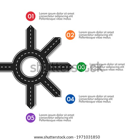 road line with ring crossroad and 5 different exits, vector infographics template