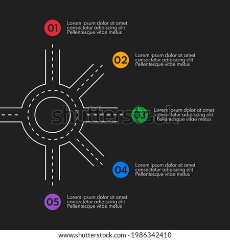 road line with ring crossroad and 5 different exits, vector infographics template, dark background