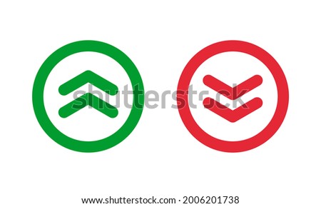 green up and red down double arrows in circle, outline vector icons set