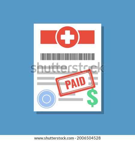medical bill or invoice with paid stamp, flat vector illustration