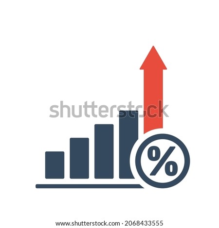 rise trend bar chart with percent sign and red up arrow, inflation or tax vector icon