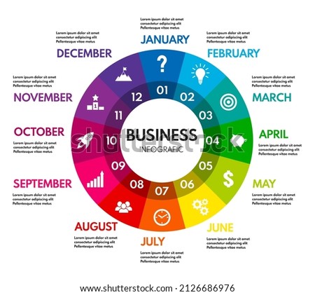 12 months or steps circle diagram, whole year business plan or project timeline, colorful vector infographic