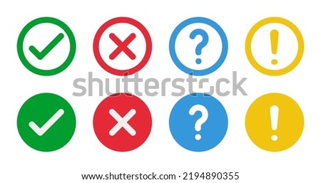 green check and red cross symbols, blue question mark and yellow exclamation point, round thin line vector signs, solid circle icons set