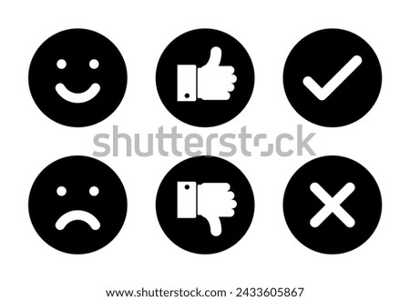 smile faces, thumbs up and down, check mark and cross solid round icons set