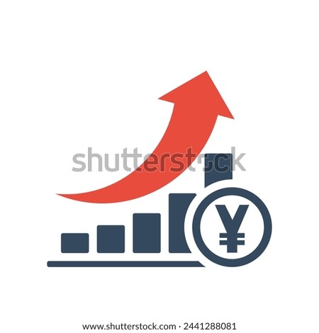 Bar chart with rising exponential trend and red arrow. Yuan negative dynamic concept. Yen positive market indicator.